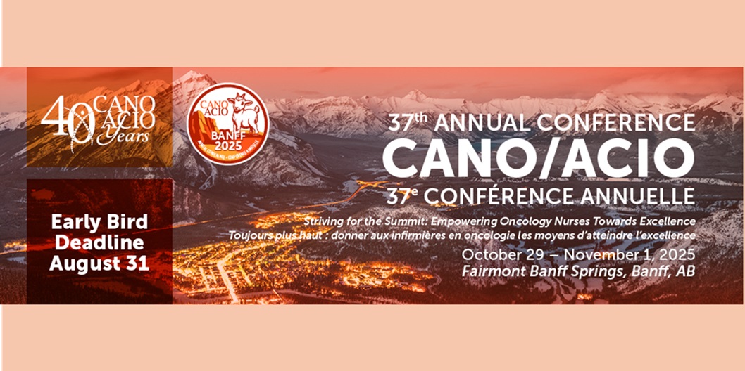 Official banner for the 37th Annual CANO/ACIO Conference 2025 in Banff, Alberta – Celebrating oncology nursing excellence in practice, research, and leadership.